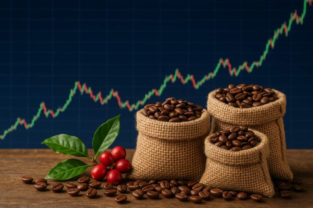 Kaffeebohnen und im Hintergrund ein Finanzchart