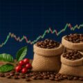Kaffeebohnen und im Hintergrund ein Finanzchart
