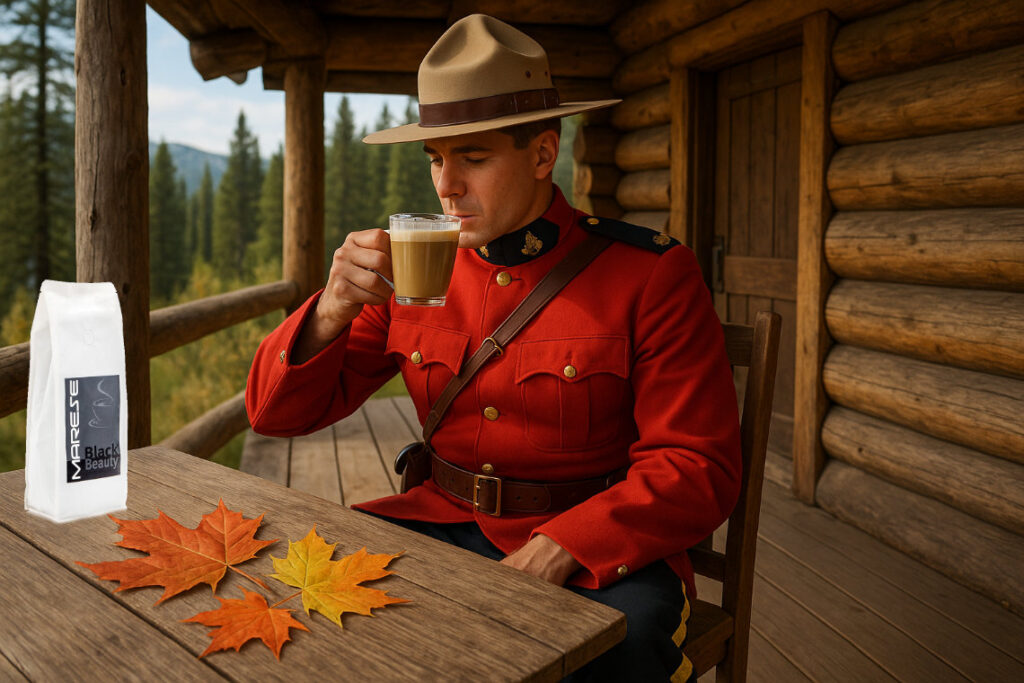 KI generiert: Ein Mountie genießt einen Marese Latte.