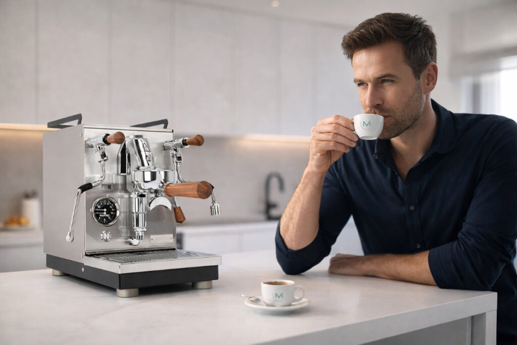 KI generiertes Bild eines Mannes, der eine Tasse Espresso trinkt.